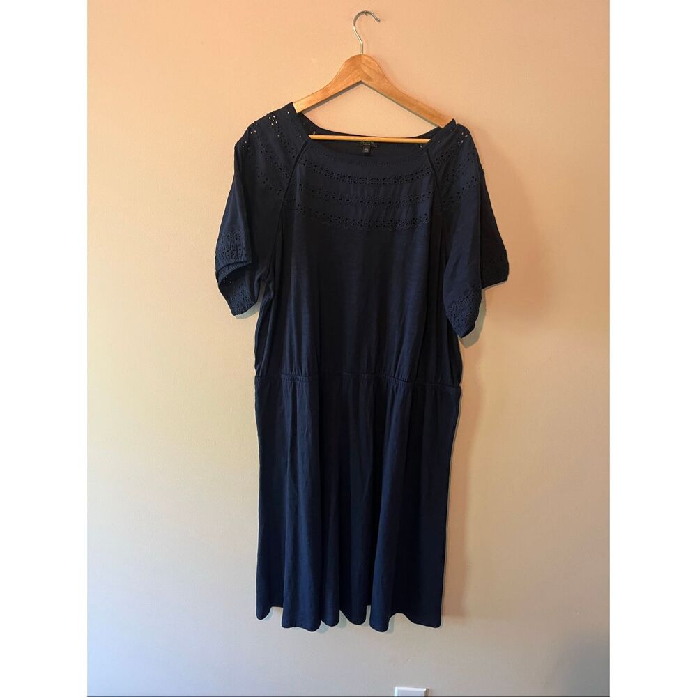 Talbots Plus Petite 2XP Navy Blue Eyelet Yoke Dress Cotton Modal Knit Short Slee - Picture 3 of 8